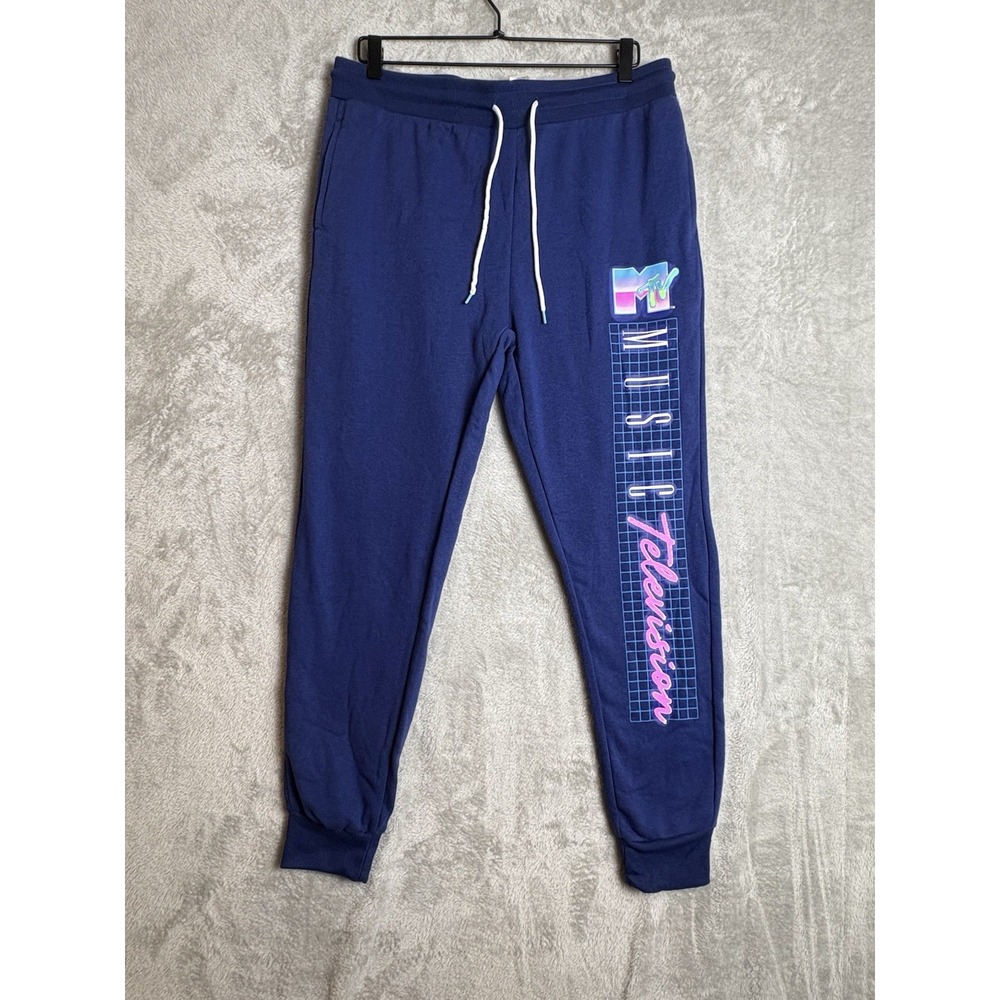 MTV Music Television Pants Mens XL Blue‎ Retro Graphic Joggers Drawstring Lounge